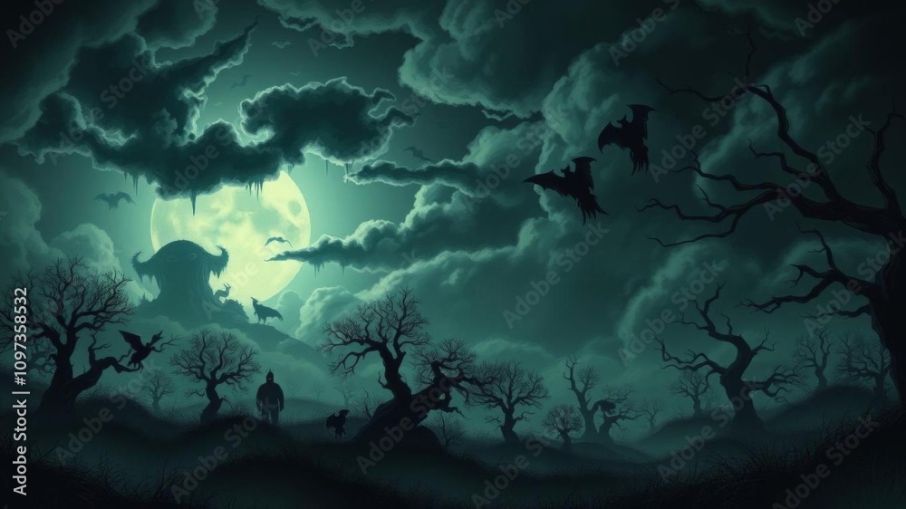 Fototapeta premium Dark and eerie seamless pattern depicting a scary otherworldly landscape filled with twisted trees, ominous clouds, and mysterious creatures, eerie, another world