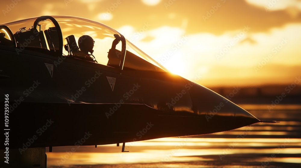 Fototapeta premium Jet fighter silhouette at sunset with pilot inside.