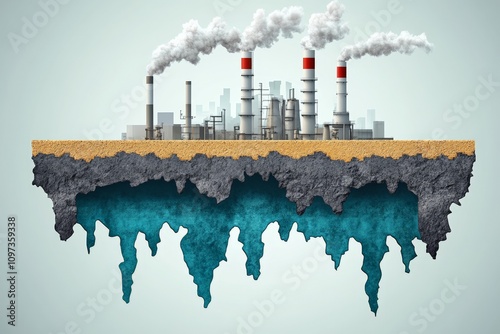 Industrial landscape with smokestacks rising from floating island emitting pollution into the atmosphere representing environmental degradation and human impact in a surreal vector illustration photo