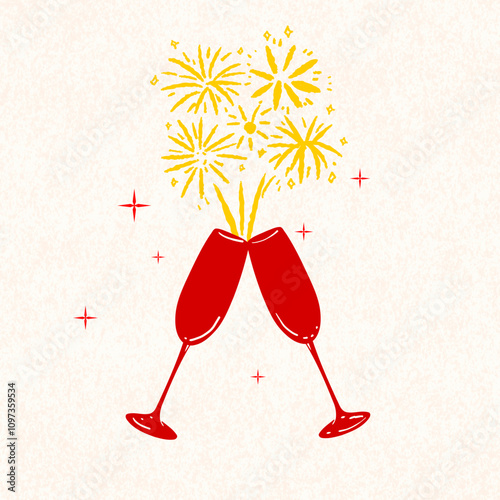 New Year's Eve party with champagne toast and confetti, Champagne Toast, Wine Glass, bottle silhouette Cricut cut files, celebration, Vector illustration, hand drawn New year wine, Cheers icon,
