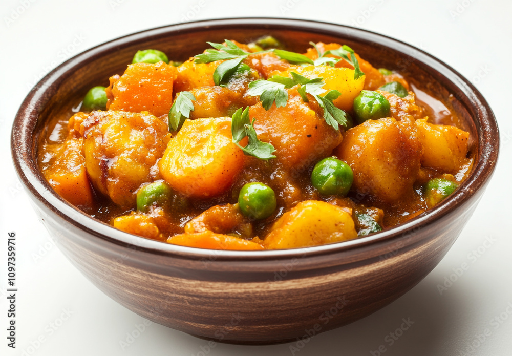 Bowl of vegetable Indian winter curry on a white background Bowl of vegetable Indian winter curry on a white background