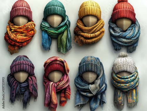 A set of various winter accessories popular that are often encountered in everyday life including gloves, scarves, and beanies positioned individually with sharp, clear edges, making them ideal  photo