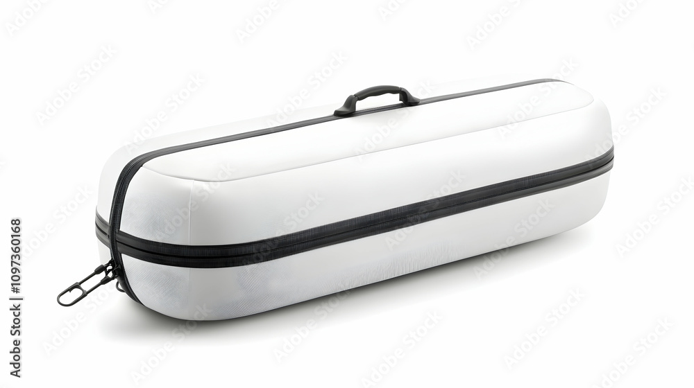 White cylindrical hard case with zipper and handle, isolated on white background. White cylindrical hard case with zipper and handle, isolated on white background.