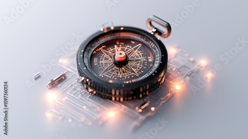 Modern Compass on Circuit Board with Glowing Elements and Details