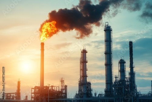 Sunset view of an oil refinery with bright orange smoke plumes intricate steel towers and a glowing industrial landscape highlighting energy production and atmospheric effects