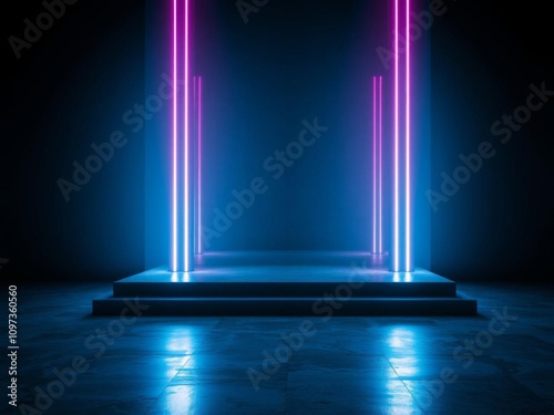 Wallpaper Mural Dark futuristic scene with a large magic column illuminated by blue neon lights on a concrete floor reflected in water, blue, dark Torontodigital.ca