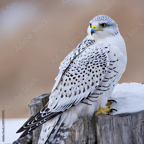 White Gyrfalcon on a log