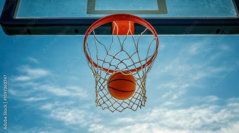 Basketball entering a hoop against a blue sky. Basketball entering a hoop against a blue sky.