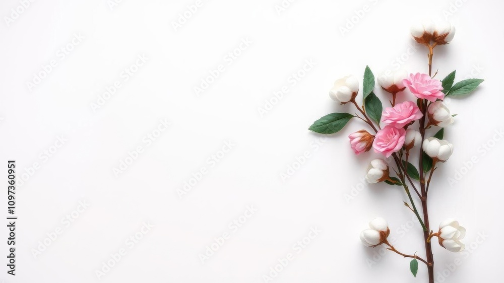 Fototapeta premium Delicate white cotton plant flower on pink paper with trendy bright colors, minimal fashion stillife concept, top view flat lay banner, flat lay, banner