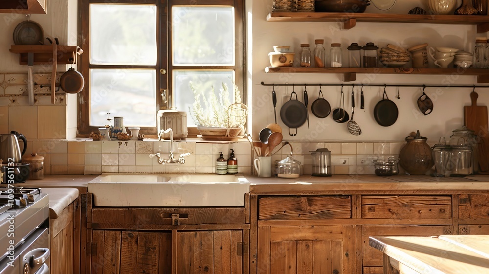Rustic country kitchen with wooden cabinets and a classic farmhouse sink Rustic country kitchen with wooden cabinets and a classic farmhouse sink