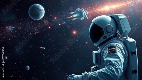 Double exposure of astronaut suit and Milky Way galaxy symbolizing imagination, technology, future, and gaming, space travel, futuristic