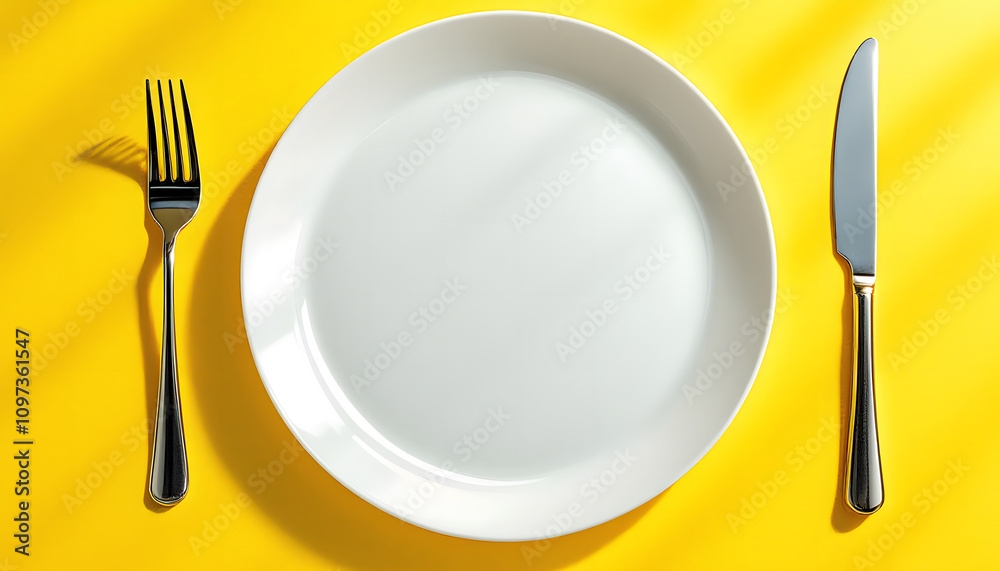 Minimalist Dining Concept, White Plate and Cutlery on Yellow Background Minimalist Dining Concept, White Plate and Cutlery on Yellow Background