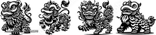 Intricate Designs of Mythical Chinese Guardian Lions, Artistic Depictions of Traditional Chinese Foo Dogs, Symbolic and Ornate Chinese Lion Statues in Art.