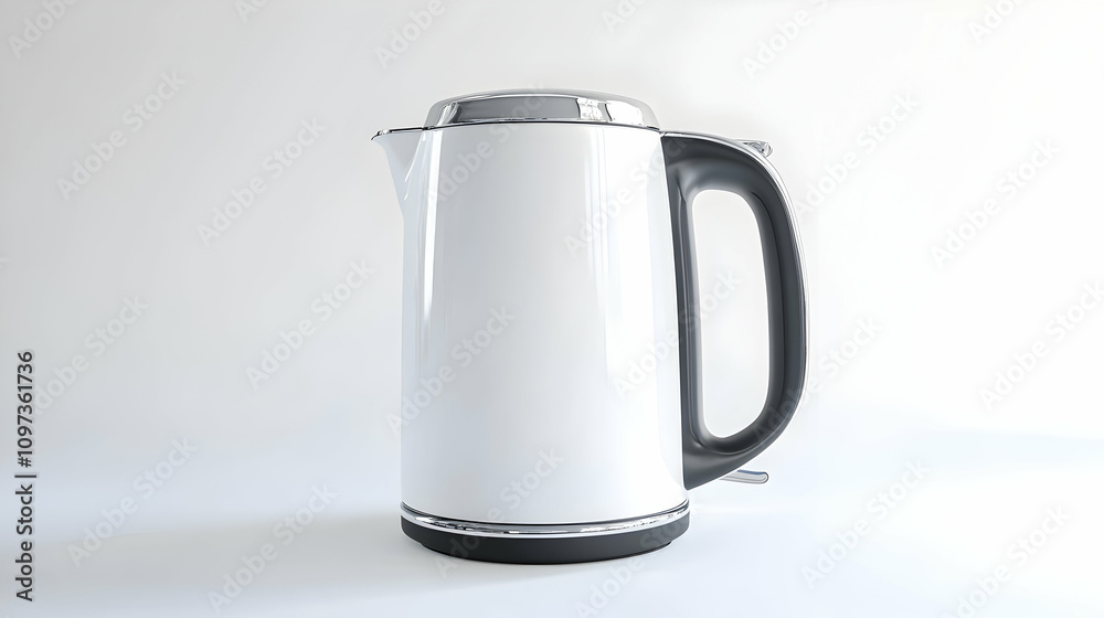 White electric kettle with black handle and chrome accents on a white background. White electric kettle with black handle and chrome accents on a white background.