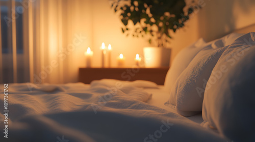 cozy inviting home house apartment bedroom neatly made bed soft white sheets fluffy pillows warm relaxing relax lit candles decoration plant comforting space comfortable relaxation 
