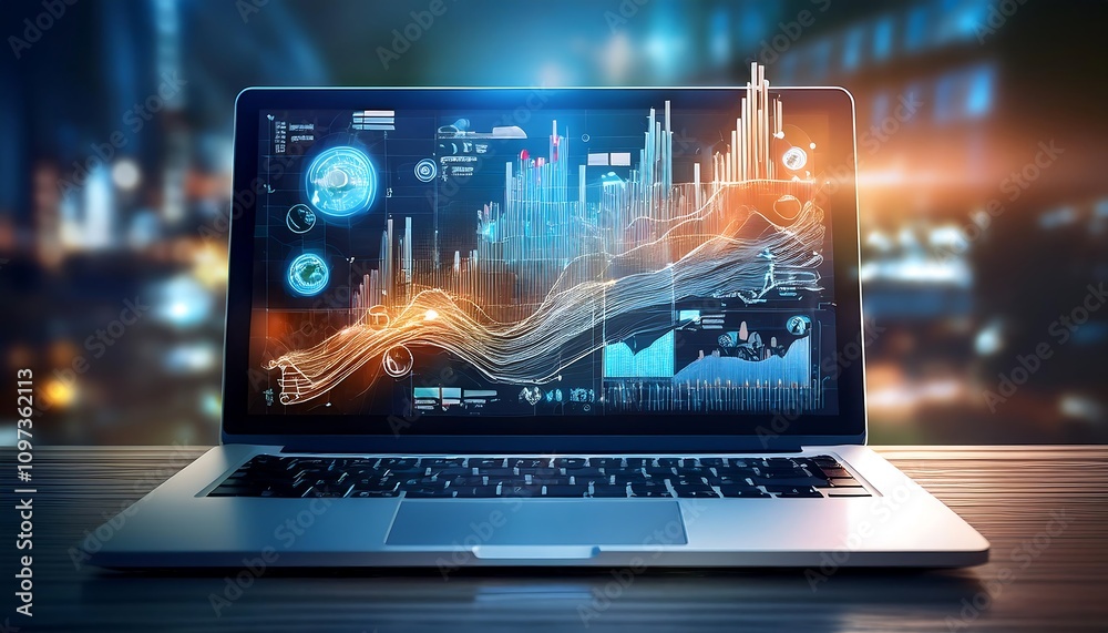 Laptop with icons and charts on the screen, highlighting digital data and technology. Laptop with icons and charts on the screen, highlighting digital data and technology.