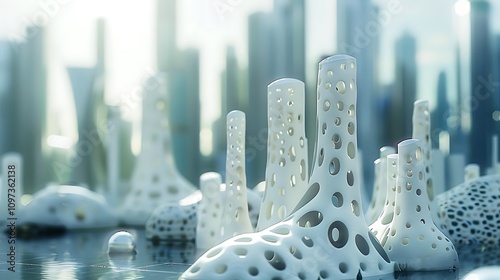 Precise urban planning future cities with 3D printing featuring futuristic architecture and efficient construction methods #1097362138