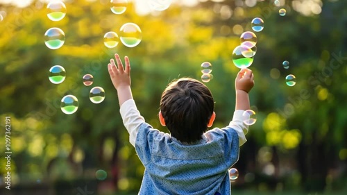 子供がシャボン玉で遊ぶ瞬間