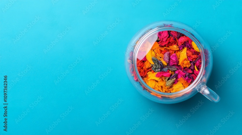 Colorful Tea: A clear glass teapot filled with vibrant, dried flower petals sits on a bright blue background, ready to brew a colorful and fragrant tea. Colorful Tea: A clear glass teapot filled with vibrant, dried flower petals sits on a bright blue background, ready to brew a colorful and fragrant tea.