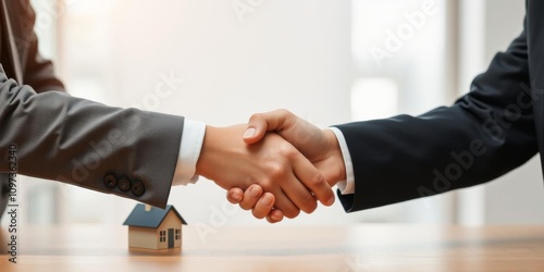 Estate agent and customer shaking hands in front of sold sign after finalizing home insurance and investment loan agreement, property, success photo