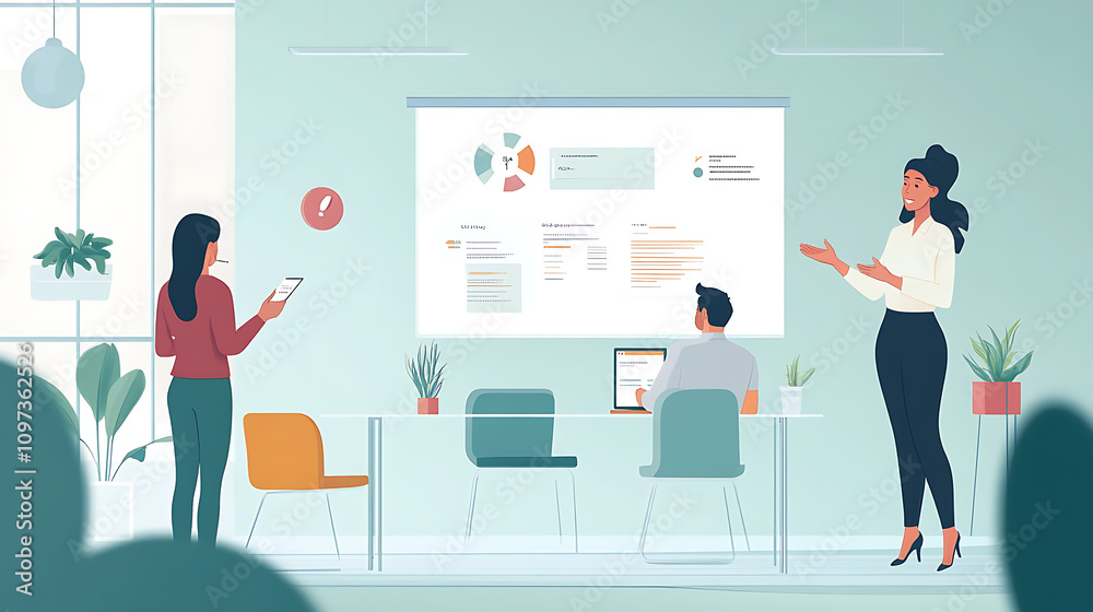 Fototapeta premium A businesswoman leading a feedback session with her team in a bright and open workspace 