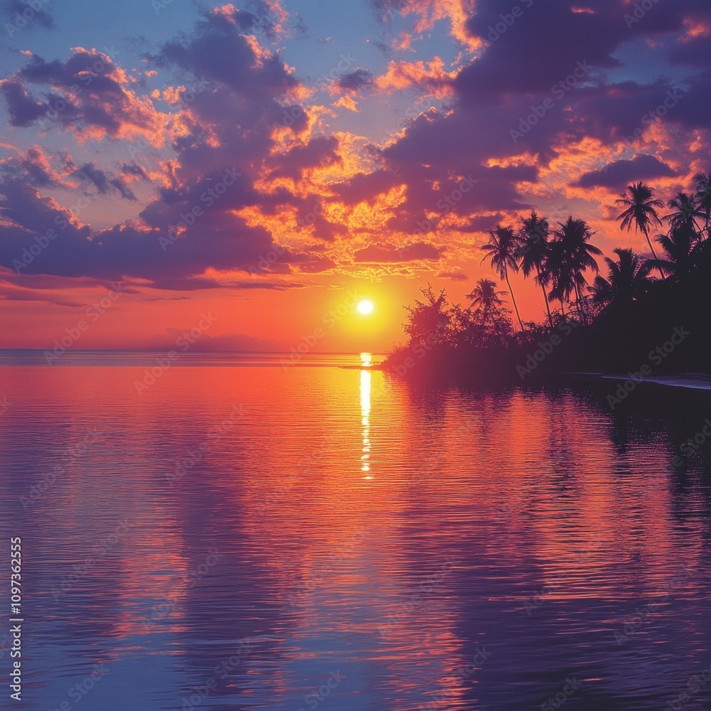 Tropical Sunset Over Calm Ocean With Palm Trees Tropical Sunset Over Calm Ocean With Palm Trees