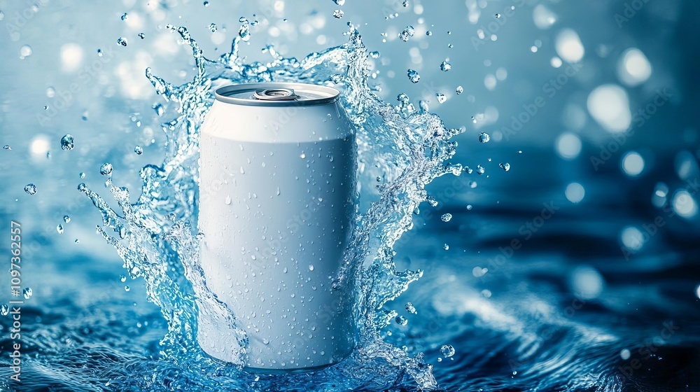 Refreshing Drink Can in Water Splash Cool Beverage Blue Liquid Refreshing Drink Can in Water Splash Cool Beverage Blue Liquid