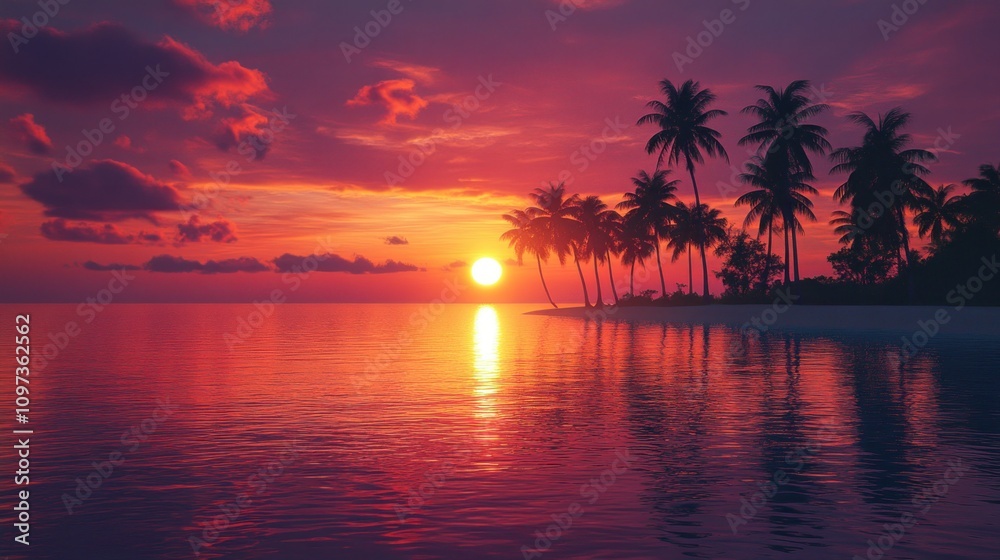 Tropical Island Sunset Scene Palm Trees Ocean Sky Tropical Island Sunset Scene Palm Trees Ocean Sky
