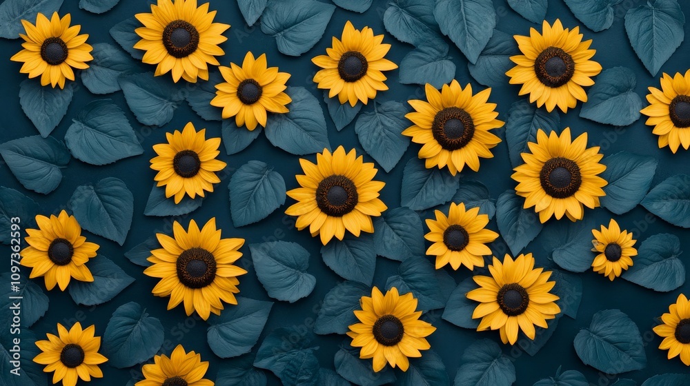 Sunflowers on Teal: A vibrant pattern of yellow sunflowers and teal leaves creates a captivating floral backdrop. Sunflowers on Teal: A vibrant pattern of yellow sunflowers and teal leaves creates a captivating floral backdrop.