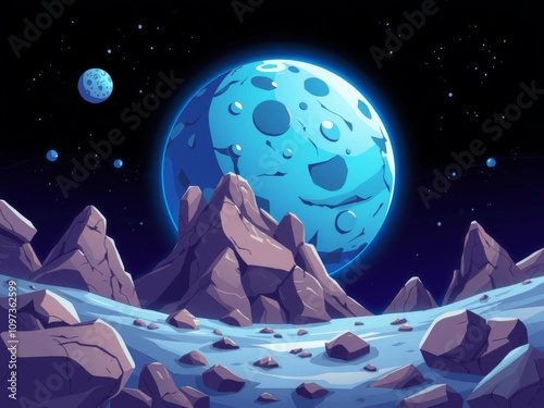 Fantastic night landscape of alien planet with flying rocks, glowing blue spots, and dark surface panorama for space game background, cartoon, alien photo