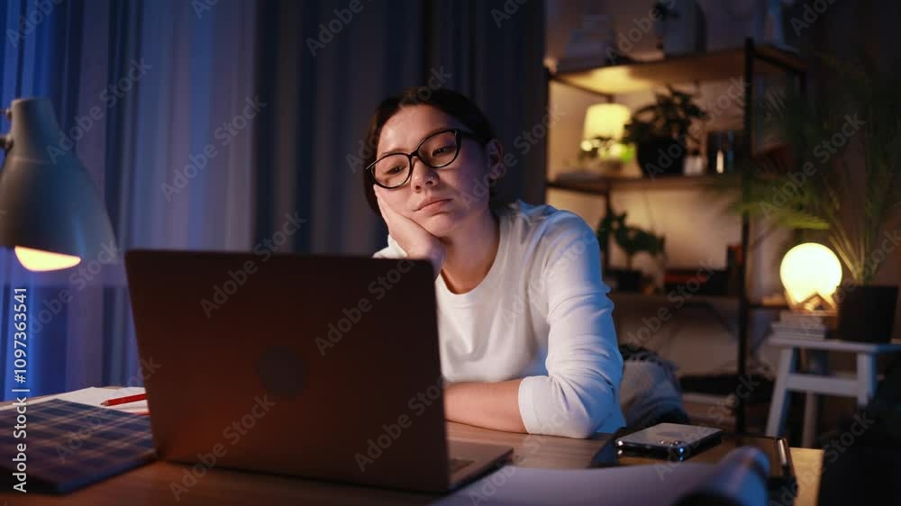 Boring tired young student or freelancer falling asleep during study or work at home workplace at late night Stressed female exhausted from remote distance work or education and hard program indoors Boring tired young student or freelancer falling asleep during study or work at home workplace at late night Stressed female exhausted from remote distance work or education and hard program indoors