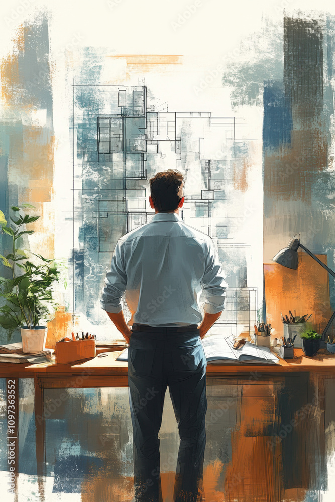 Occupation. A thoughtful individual stands at a desk, contemplating a wall of sketches and designs, surrounded by plants and a warm workspace. Occupation. A thoughtful individual stands at a desk, contemplating a wall of sketches and designs, surrounded by plants and a warm workspace.
