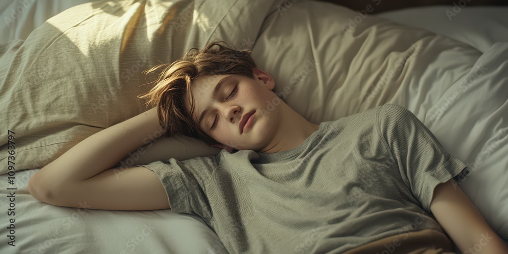 Teen Boy Sleeping Peacefully in Bed Teen Boy Sleeping Peacefully in Bed