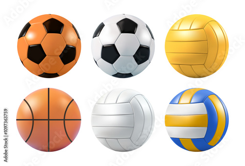 Sport ball 3d vector icon. Basketball, volleyball, soccer football emoji set. School realistic game equipment, isolated train equipment illustration. American basket, polo cartoon emoticon element