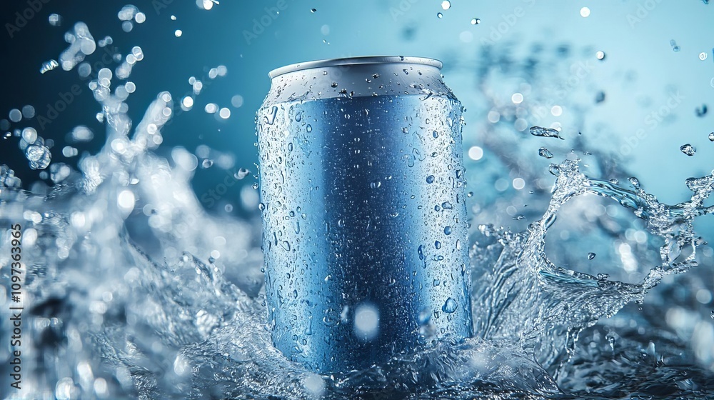 Refreshing Blue Drink Can in Water Splash Purity Hydration Refreshing Blue Drink Can in Water Splash Purity Hydration