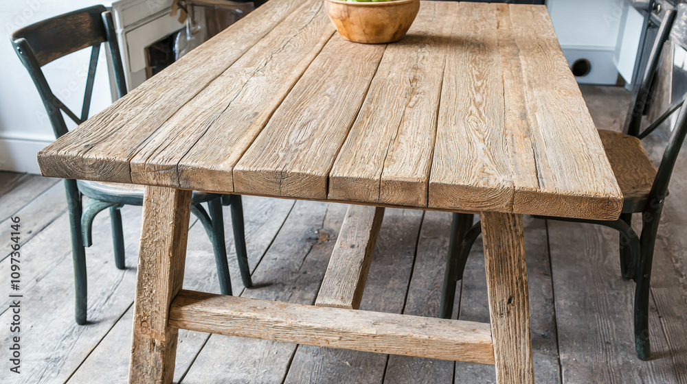 Woodwork Furniture Technique Concept. A rustic wooden dining table with a simple design, complemented by chairs and a small decorative bowl, set in a cozy indoor space. Woodwork Furniture Technique Concept. A rustic wooden dining table with a simple design, complemented by chairs and a small decorative bowl, set in a cozy indoor space.