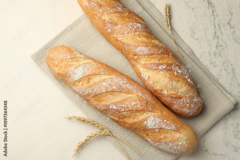 Fresh baguettes and spikes on beige textured table, flat lay Fresh baguettes and spikes on beige textured table, flat lay