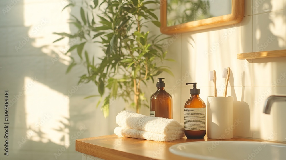 Sunlit bathroom with towels, toiletries, and plant. Sunlit bathroom with towels, toiletries, and plant.