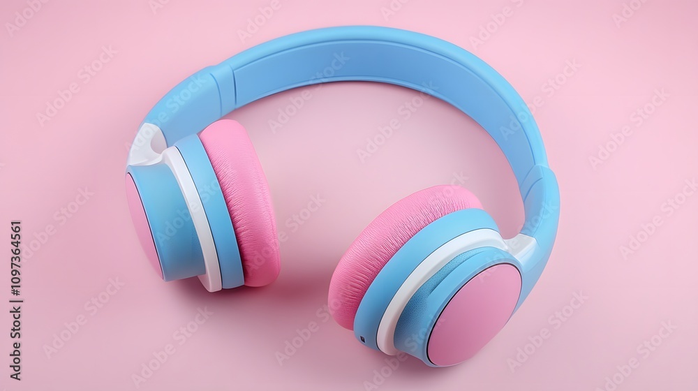 Pink and blue headphones on pink background. Pink and blue headphones on pink background.