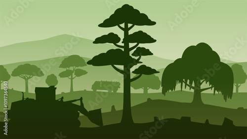 Landscape illustration of illegal logging and deforestation