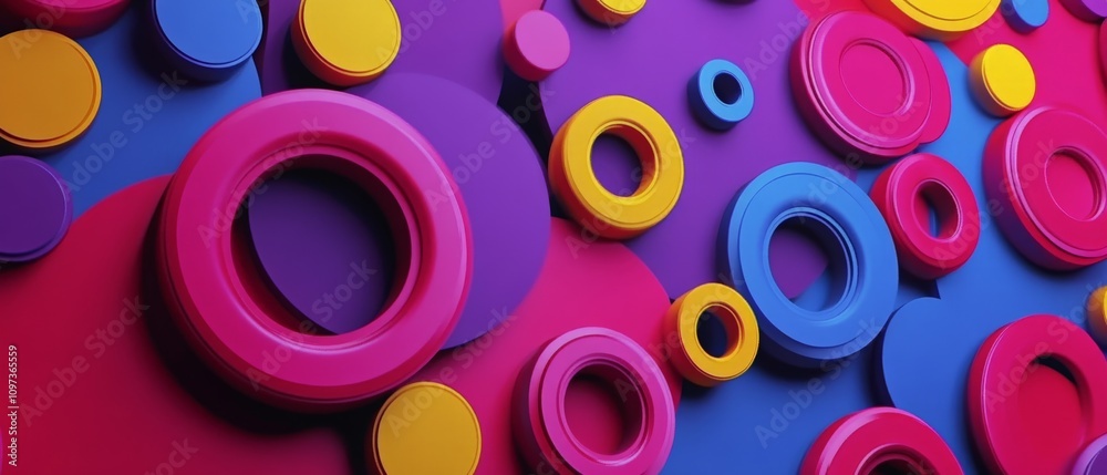 3D abstract composition of hollow multi colored rings and cylinders arranged in a playful pattern with vibrant pink yellow and blue tones 3D abstract composition of hollow multi colored rings and cylinders arranged in a playful pattern with vibrant pink yellow and blue tones