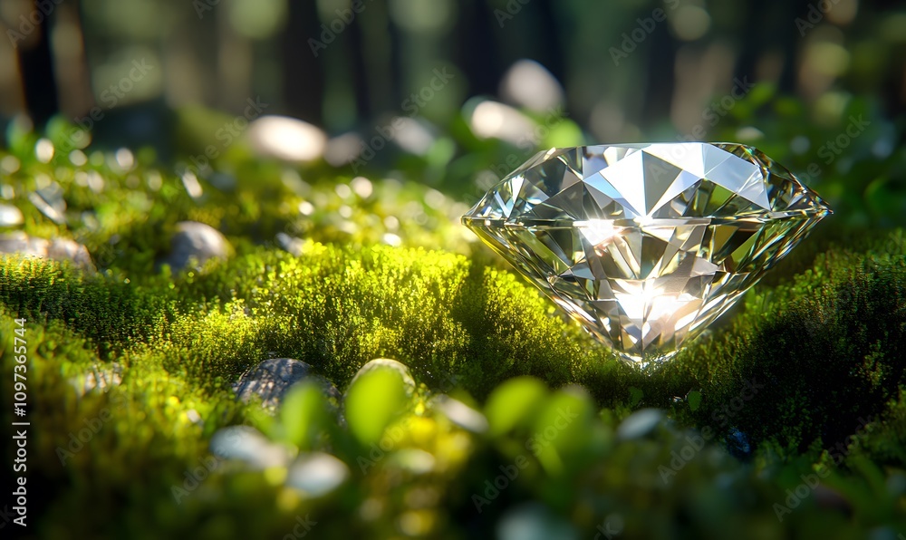 Sparkling diamond rests on lush green moss in forest.
