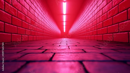 Crimson Brick Tunnel: A captivating perspective down a long, narrow corridor of red brick walls, illuminated by a vibrant pink neon light. The image evokes a sense of mystery and intrigue. photo