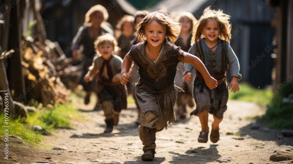 Fototapeta premium Valiant youth - viking child immersed in traditional lifestyle, capturing essence of nordic upbringing, daily routines, spirited adventures that define early years of young viking.