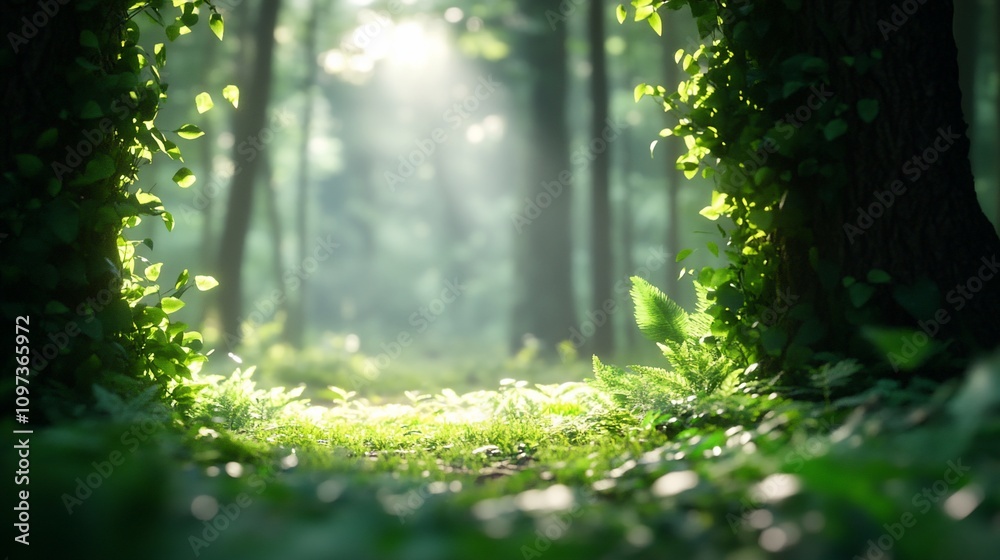 Sunlit forest path, lush green foliage, and vibrant plants. Sunlit forest path, lush green foliage, and vibrant plants.