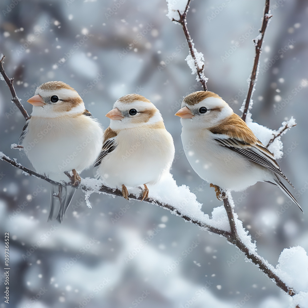 Fototapeta premium Snow bunting found in open fields and snowy landscapes, often in flocks.