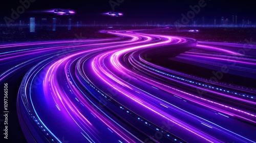 Futuristic City Highway With Glowing Vehicles At Night