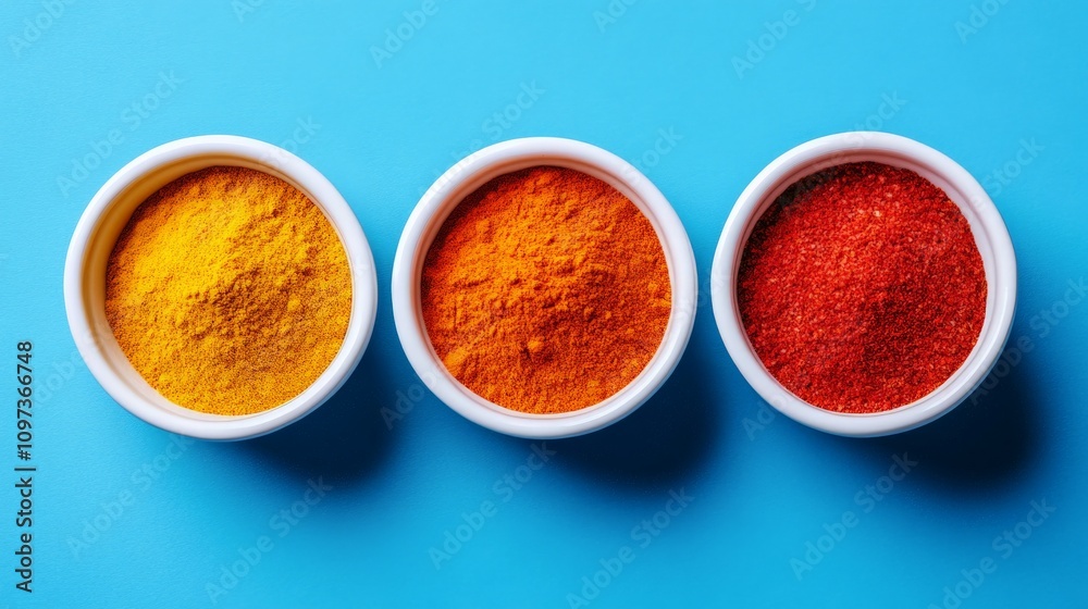 Spice Up Your Life: A vibrant trio of spices - turmeric, paprika, and chili powder - arranged in white bowls against a bright blue background. A visual feast for the senses. Spice Up Your Life: A vibrant trio of spices - turmeric, paprika, and chili powder - arranged in white bowls against a bright blue background. A visual feast for the senses.