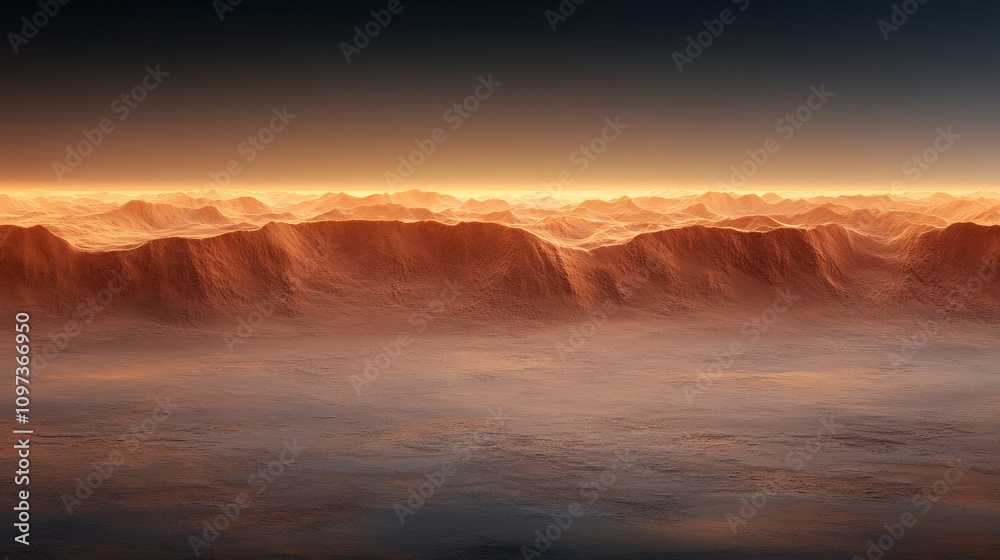 Naklejka premium Above the Clouds: A mesmerizing landscape painted in hues of orange and gold, as a sea of clouds stretches out beneath a dramatic sky. The peaks of distant mountains pierce through the mist.