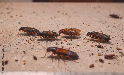 A group of bugs are on the ground, some of them are brown and some are black. The bugs are scattered around the area, with some closer to the camera and others further away
